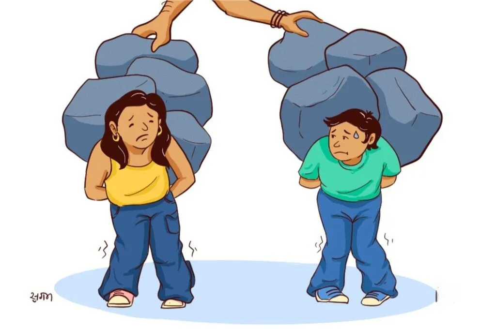 The image is an illustration of two young people with a pile of rocks on their backs. The two people are straining under the weight as two hands are shown adding more rocks._Nonprofit humour