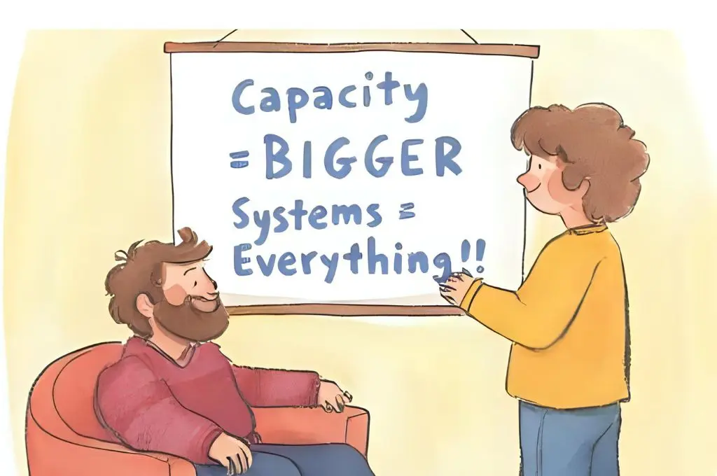 Cartoon of two people with a presentation screen that says Capacity = BIGGER, Systems = Everything!!_nonprofit humour