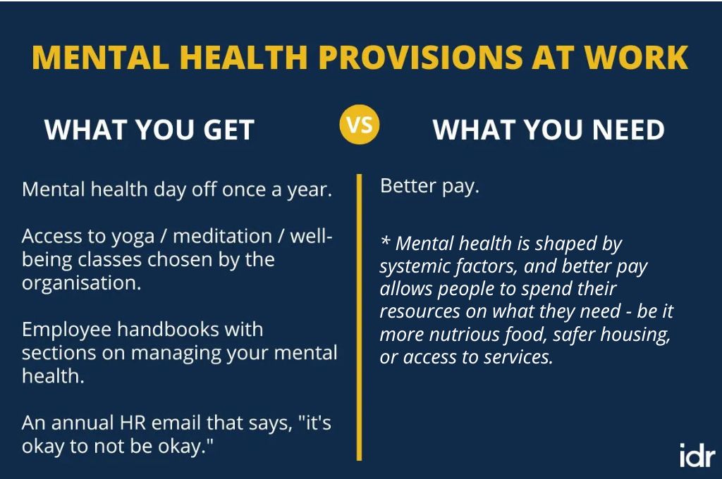a dark blue background with yellow and white text outlining mental health provisions at work-nonprofit humour
