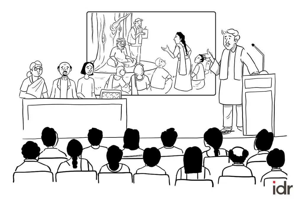 A cartoon of a man on stage giving a presentation_nonprofit humour