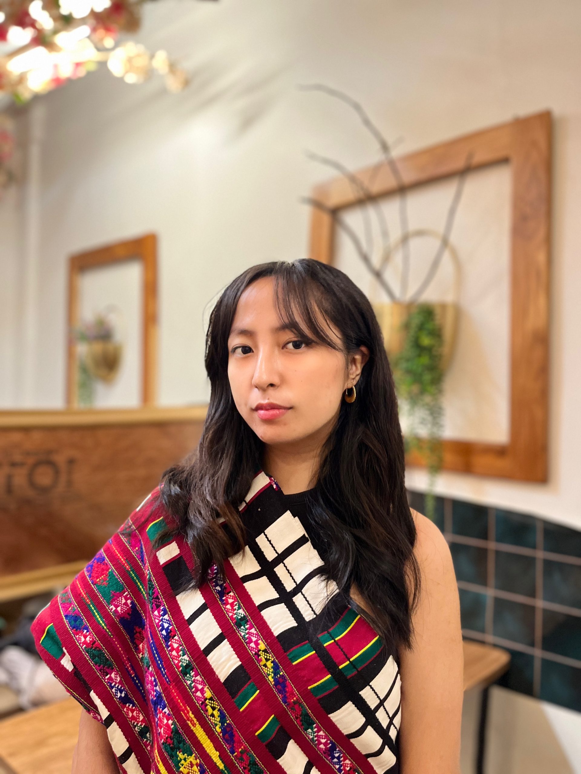 A woman in a traditional Mizo attire which has patterns of red, white, and green. She is standing against the backdrop of a wall which has a plant hanging inside a wooden frame