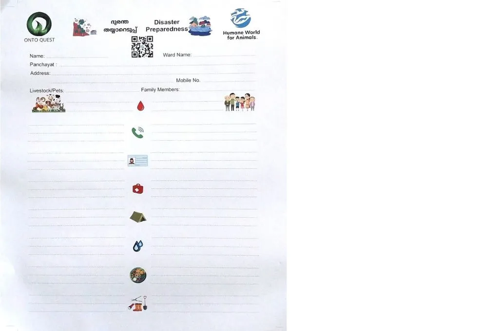 The image depicts a disaster preparedness worksheet prepared for school children. The sheet asks children to list our their personal details including their name and address and then proceeds to ask them to list down the names of their family members and their needs in one column, and their livestock and pets in another column._Disaster management