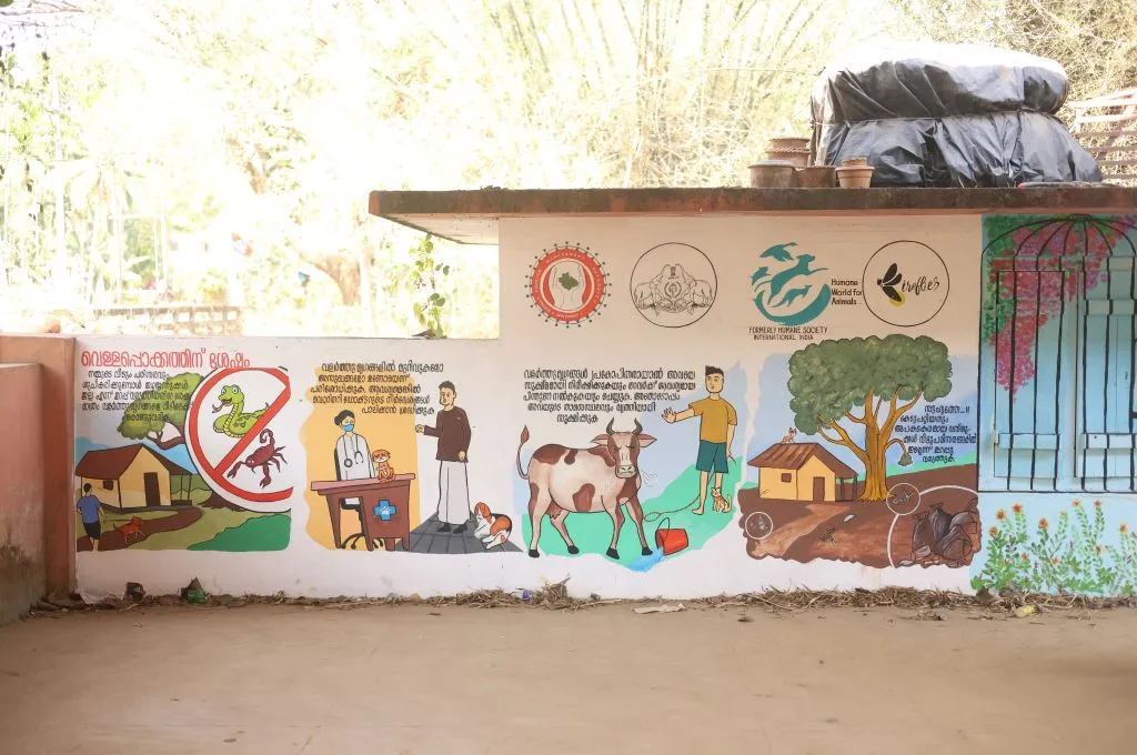 The image depicts the external wall of a building which features colourful painted illustrations and some text. The illustrations depict scenes including protecting pet dogs from scorpions and snakes, taking pets to the vet, and taking care of livestock._Disaster management