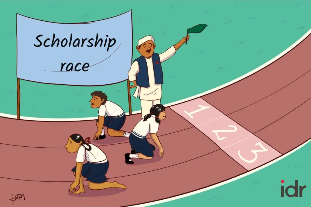 An illustration of three schoolchildren in uniforms crouched at a starting line on a running track labeled “1, 2, 3.” A man in traditional attire stands beside them, holding a green flag to signal the start. A large sign behind the children reads “Scholarship race.” The image represents competition among students for scholarships._Nonprofit humour
