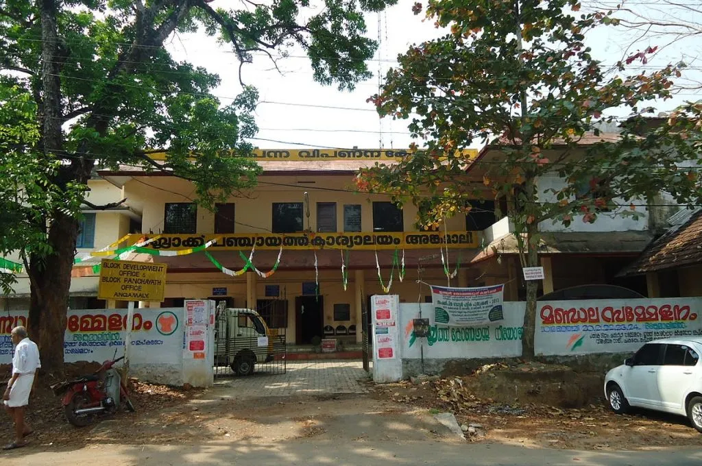 The image depicts a small government office compound. Outside the boundary wall, there is a sign that says, 'Block Development Office and Block Panchayat Office Angamaly'. The compound's boundary walls have words painted on them and there are a few vehicles parked._Mental health