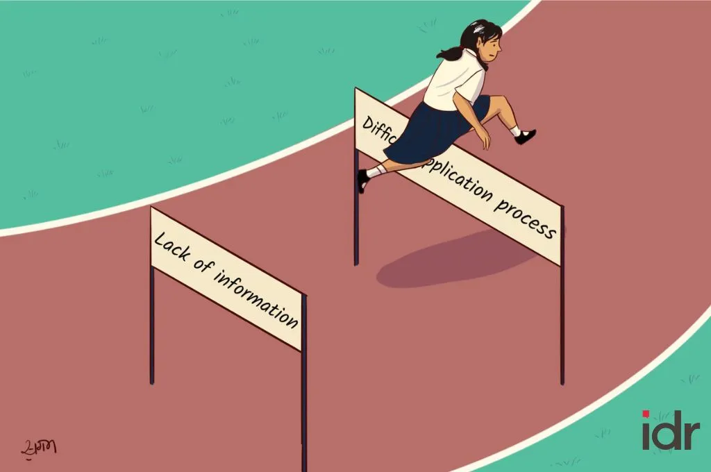 An illustration of a schoolgirl in uniform running on a track and jumping over hurdles. The hurdles are labeled “Lack of information” and “Difficult application process,” symbolizing the challenges students face in accessing scholarships._Nonprofit humour