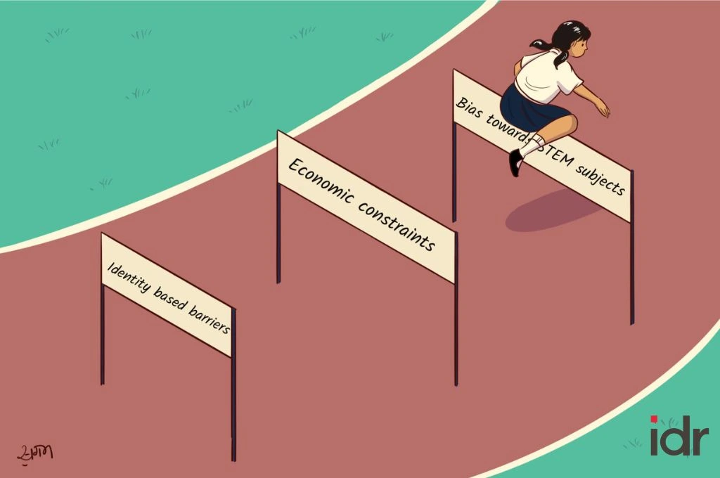 An illustration of a schoolgirl in uniform running on a track and jumping over a hurdle labeled “Bias towards STEM subjects.” Behind her are other hurdles labeled “Identity-based barriers” and “Economic constraints,” symbolizing the challenges students face in accessing scholarships._Nonprofit humour