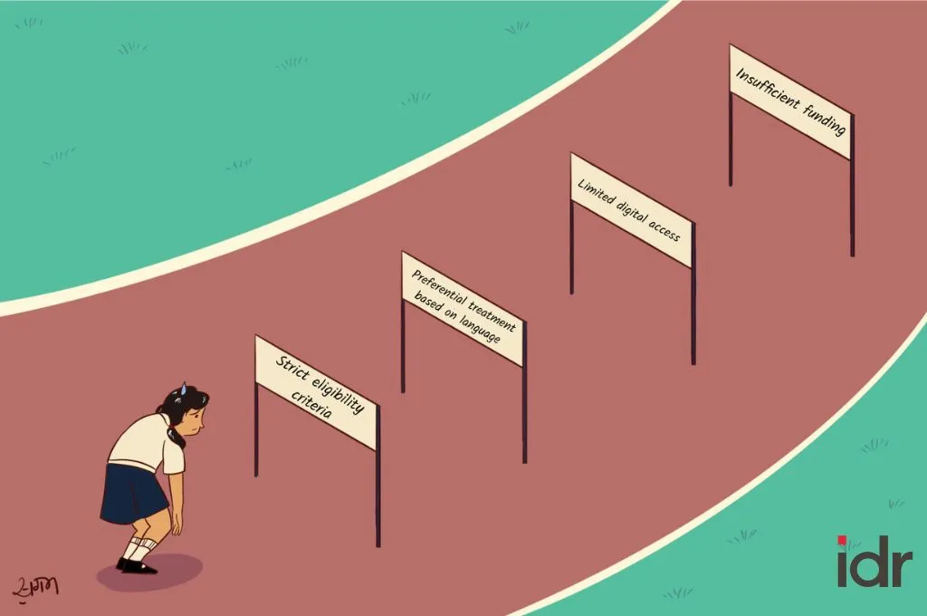 An illustration showing a young girl in a school uniform standing tired at the start of a running track, facing a series of hurdles labeled with challenges: "Strict eligibility criteria," "Preferential treatment based on language," "Limited digital access," and "Insufficient funding." The hurdles symbolize barriers to opportunities._Nonprofit humour
