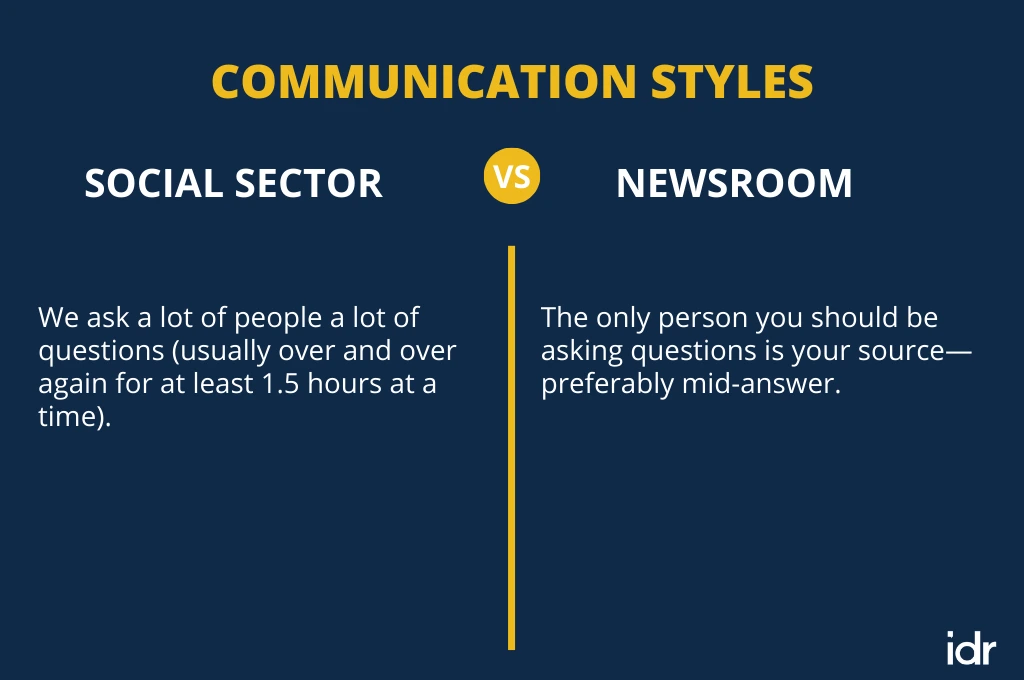 The image describes communication styles in the social sector versus newsrooms. On the left, for the social sector, the text says, “We ask a lot of questions from a lot of people (usually over and over again for at least 1.5 hours at a time).” On the right, for newsrooms, it says: “The only person you should be asking questions is your source—preferably mid-answer.” _Nonprofit humour