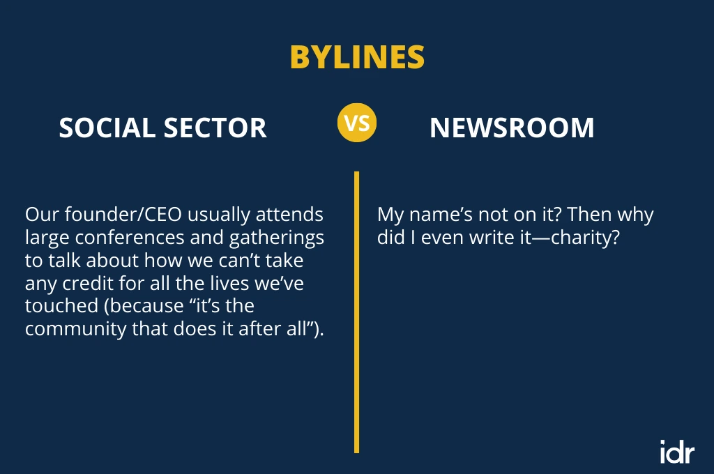 The image describes bylines in the social sector versus newsrooms. On the left, for the social sector, the text says, “Our founder/CEO usually attends large conferences and gatherings to talk about how we can't take any credit for all the lives we've touched (because ‘it's the community that does it after all’).” On the right, for newsrooms, it says: “My name’s not on it? Then why did I even write it—charity?” _Nonprofit humour