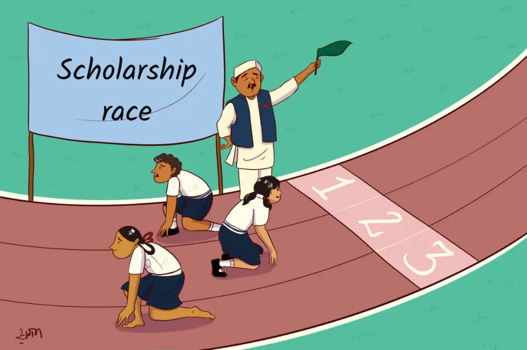 An illustration of three schoolchildren in uniforms crouched at a starting line on a running track labeled “1, 2, 3.” A man in traditional attire stands beside them, holding a green flag to signal the start. A large sign behind the children reads “Scholarship race.” The image represents competition among students for scholarships._Nonprofit humour