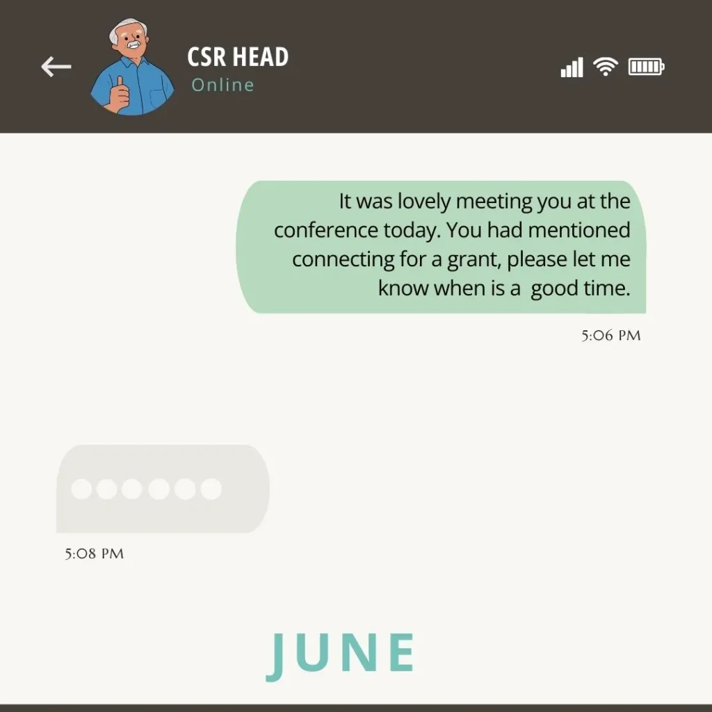 an image showing a conversation between a nonprofit leader and a CSR head regarding grant funding -- nonprofit humour