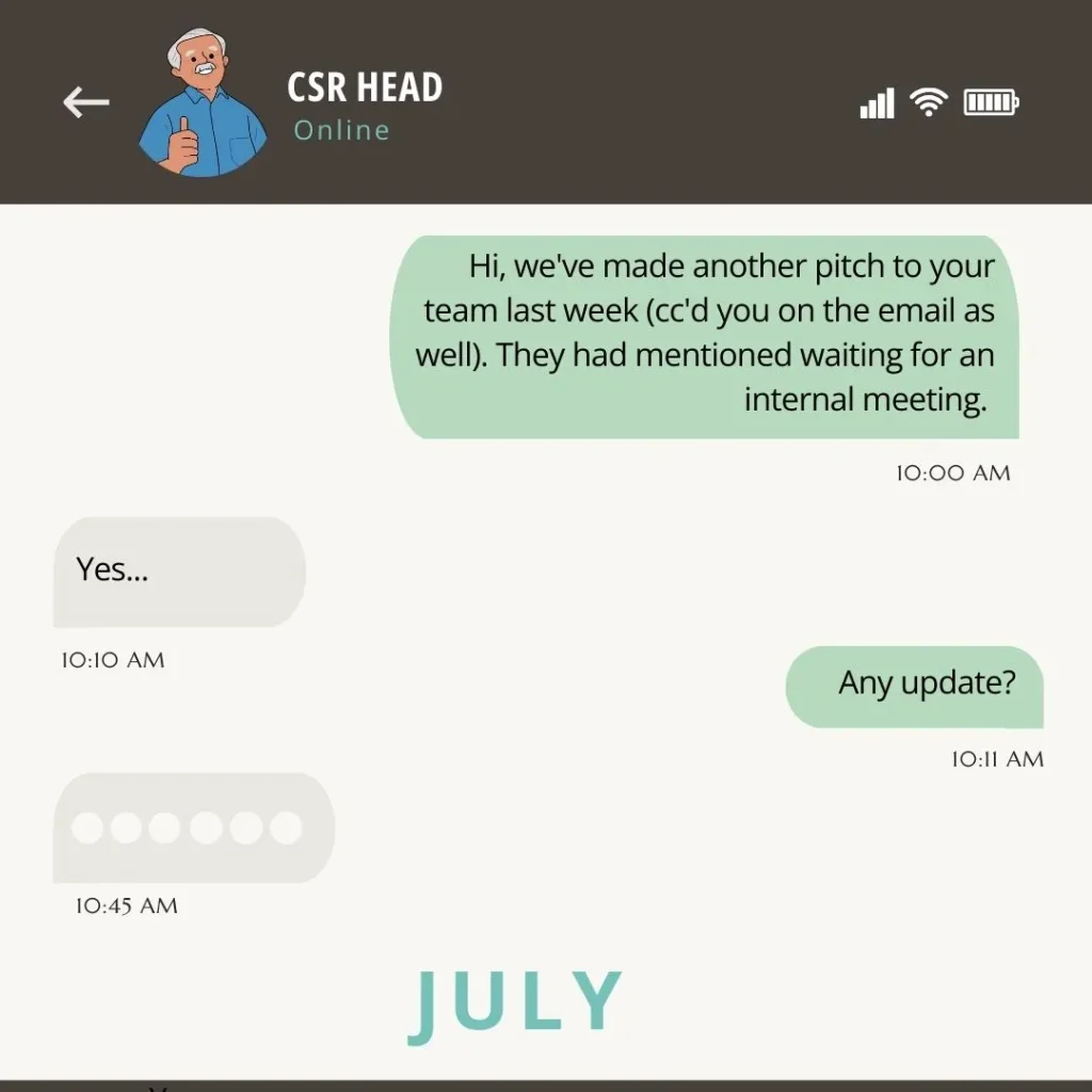 a cartoon of a message exchange between a nonprofit leader and a CSR head with the former asking the latter for updates on a grant application--nonprofit humour