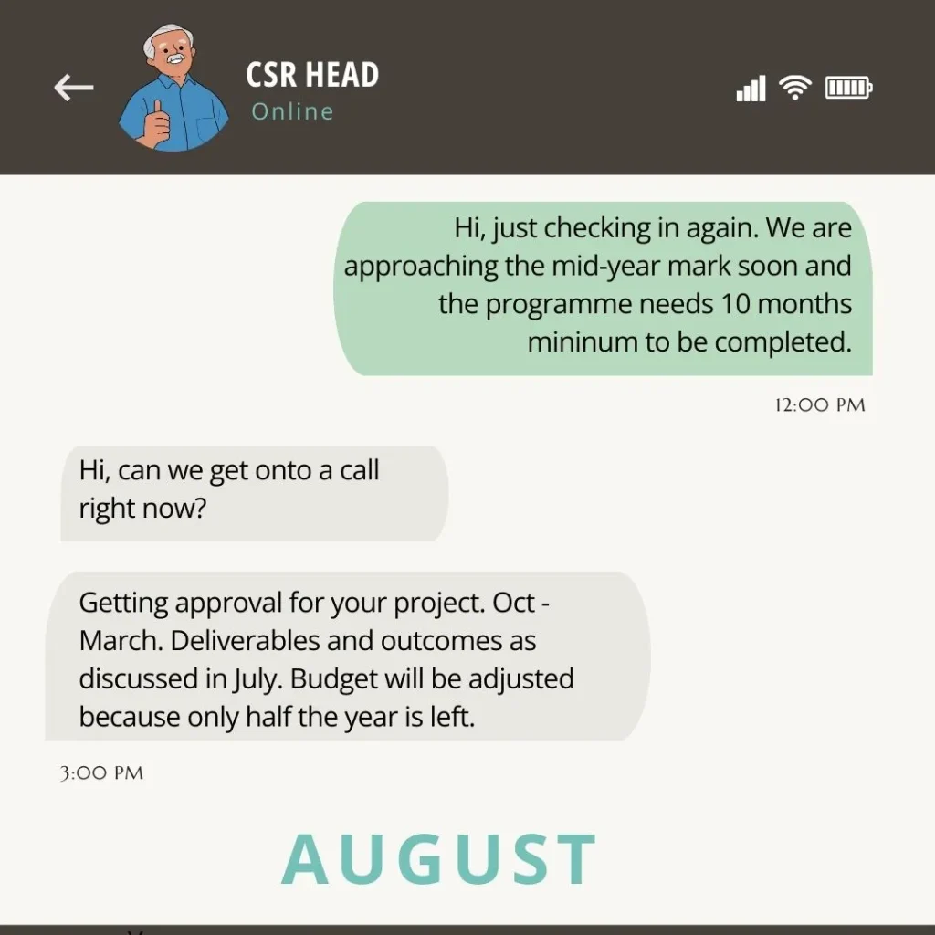 a cartoon of a conversation between a nonprofit leader and a CSR head with the former asking for updates on a project proposal and the latter suggesting that the two parties get on a call, and then later telling the CSR head that the project has been approved--nonprofit humour