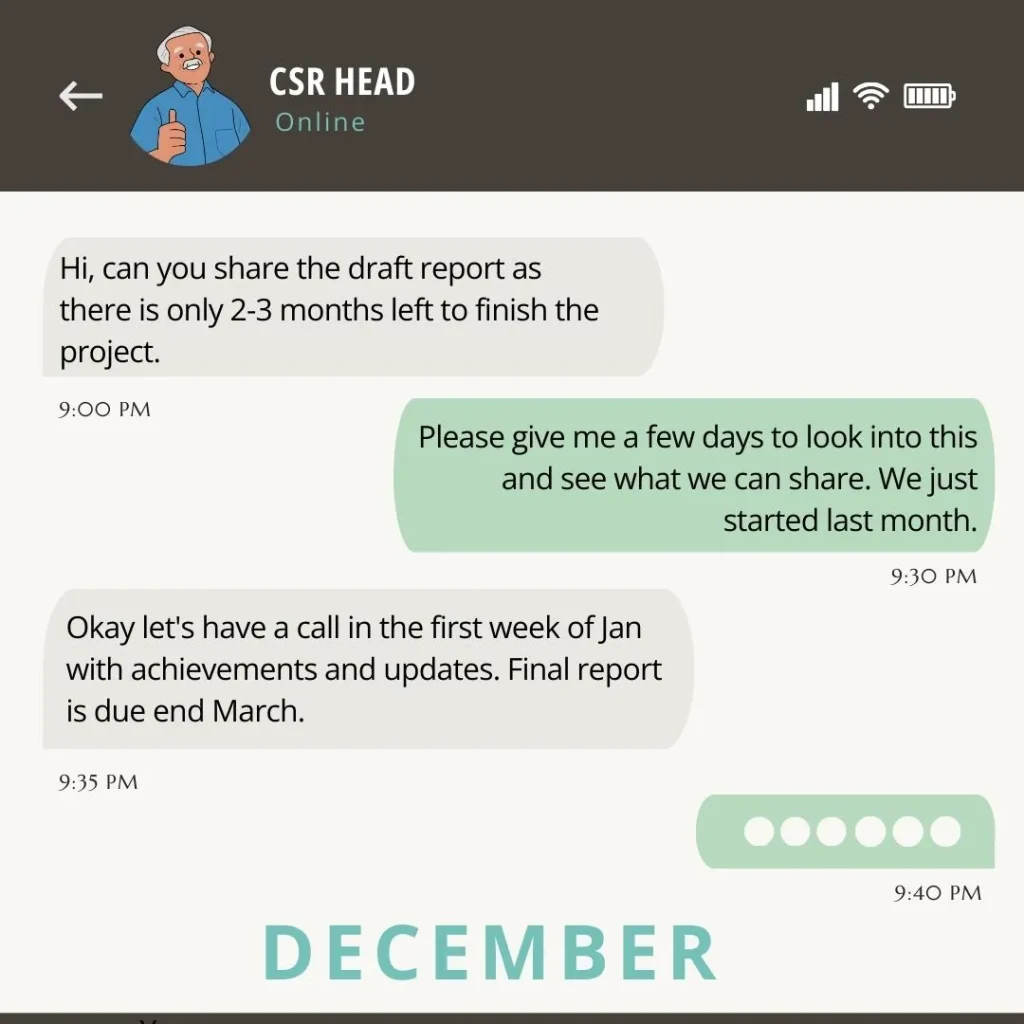 A cartoon of a conversation between a CSR head and a nonprofit leader, where the CSR head asks the nonprofit for a draft report one month after the project's start--nonprofit humour