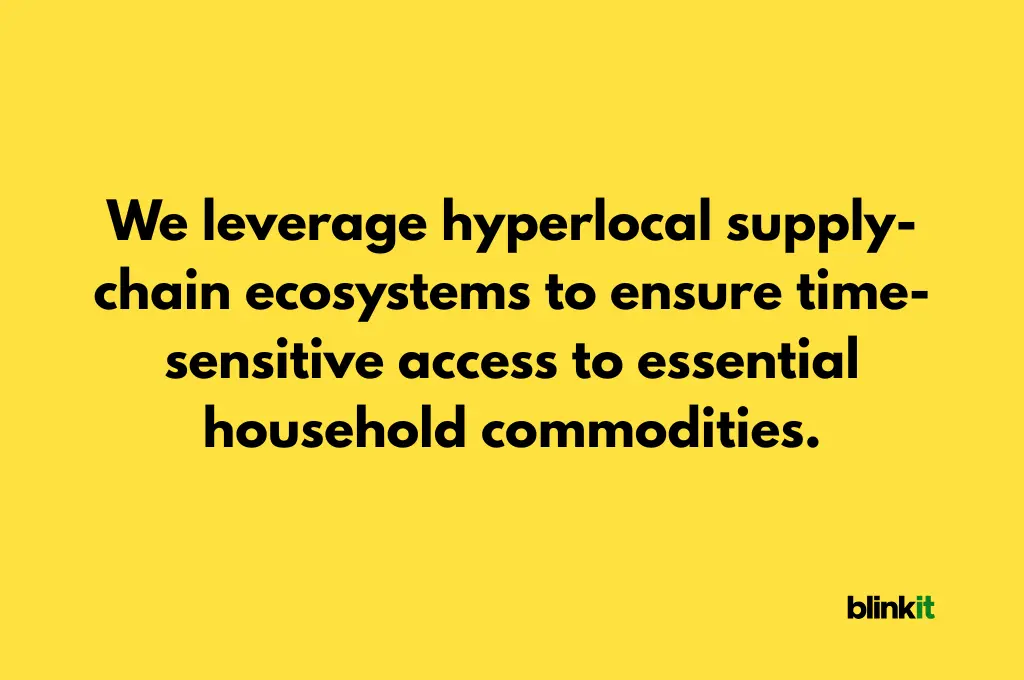A parody BlinkIt ad with the text, " We leverage hyperlocal supply-chain ecosystems to ensure time-sensitive access to essential household commodities."--nonprofit humour