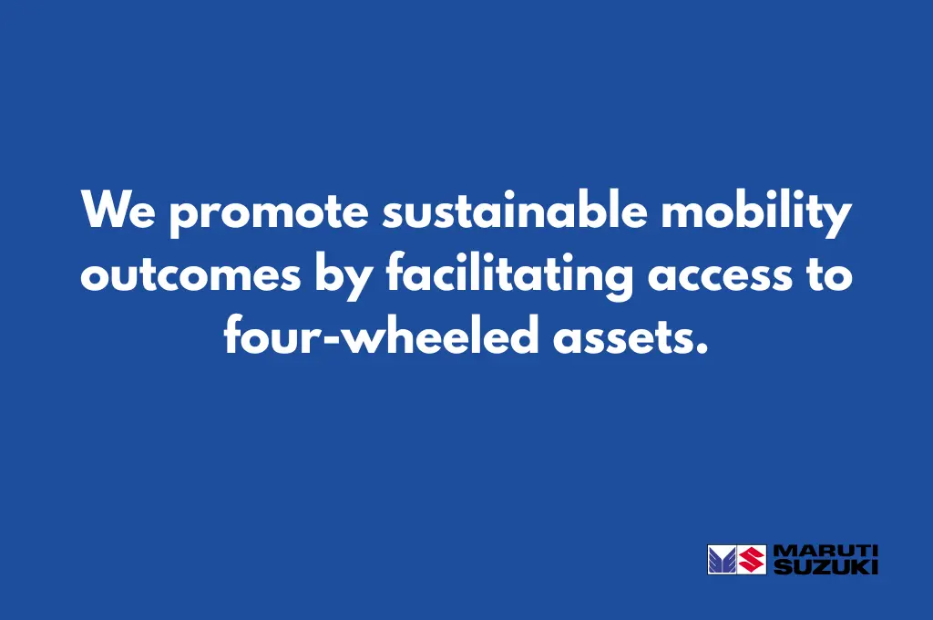 a parody Maruti Suzuki ad with the text, "We promote sustainable mobility outcomes by facilitating access to four-wheeled assets."--nonprofit humour