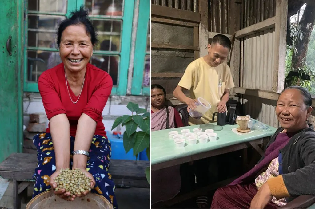 A female coffee farmer from Mizoram holding washed coffee beans; a female farmer smiling for the camera with a barista brewing coffee in the back--start-ups in meghalaya