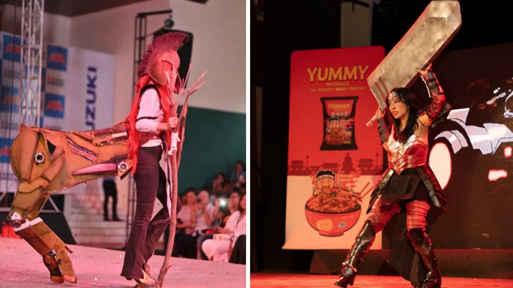 A cosplayer dressed as a centaur, and Malsawmdawngliani as Absolute Wonder Woman at Multiverse Saga 2025--cosplay in Mizoram