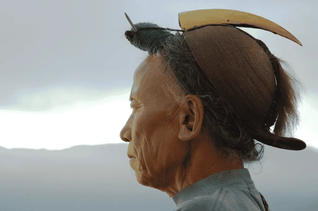 A Nishi/ Hill-Miri tribesman wearing the traditional head-dress having a hornbill beak--Tani language