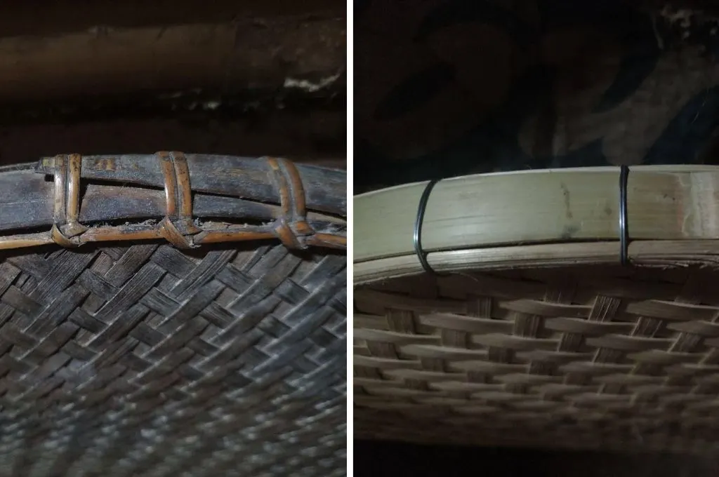 (Left) Traditional bamboo sieve for rice and grains with cane-fibre bindings. (Right) Modern bamboo sieve with asbestos-wire bindings.--bamboo-based livelihoods